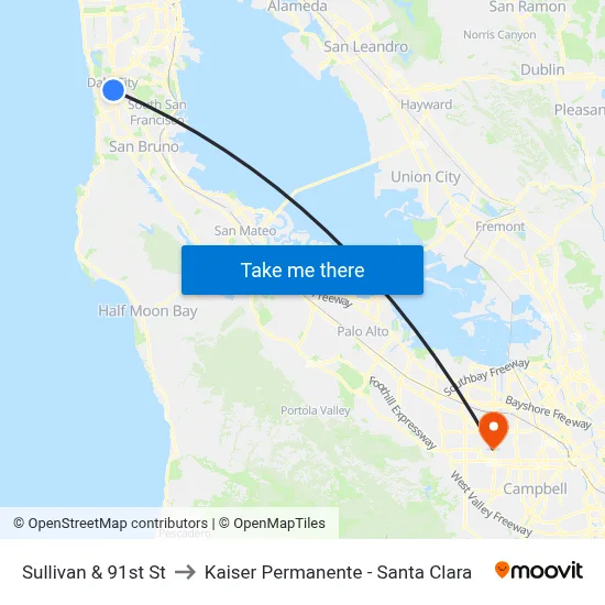 Sullivan & 91st St to Kaiser Permanente - Santa Clara map