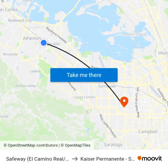 Safeway (El Camino Real/Middle Ave) to Kaiser Permanente - Santa Clara map