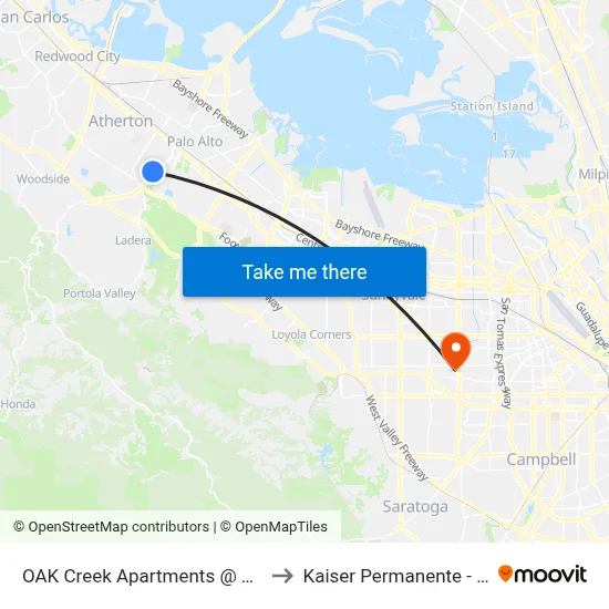 OAK Creek Apartments @ Building # 1470 to Kaiser Permanente - Santa Clara map