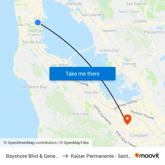 Bayshore Blvd & Geneva Ave to Kaiser Permanente - Santa Clara map