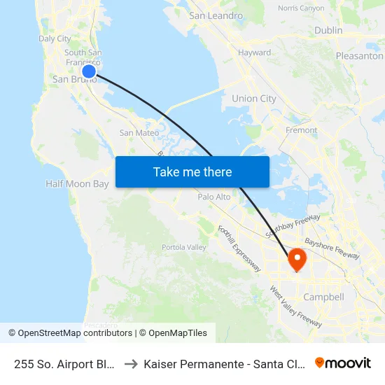 255 So. Airport Blvd. to Kaiser Permanente - Santa Clara map