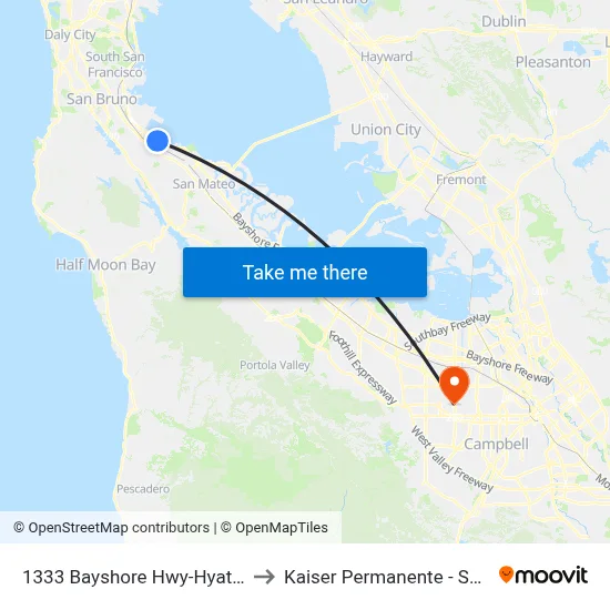 1333 Bayshore Hwy-Hyatt Regency to Kaiser Permanente - Santa Clara map