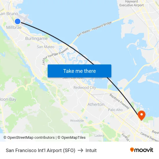 San Francisco Int'l Airport (SFO) to Intuit map