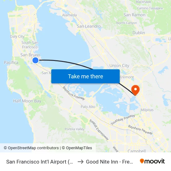 San Francisco Int'l Airport (SFO) to Good Nite Inn - Fremont map