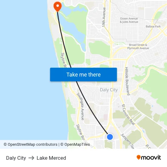 Daly City to Lake Merced map