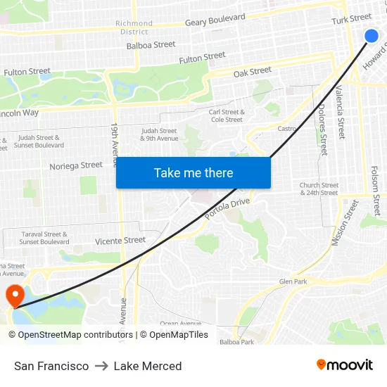 San Francisco to Lake Merced map