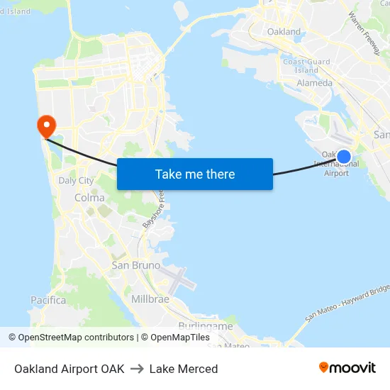 Oakland Airport OAK to Lake Merced map