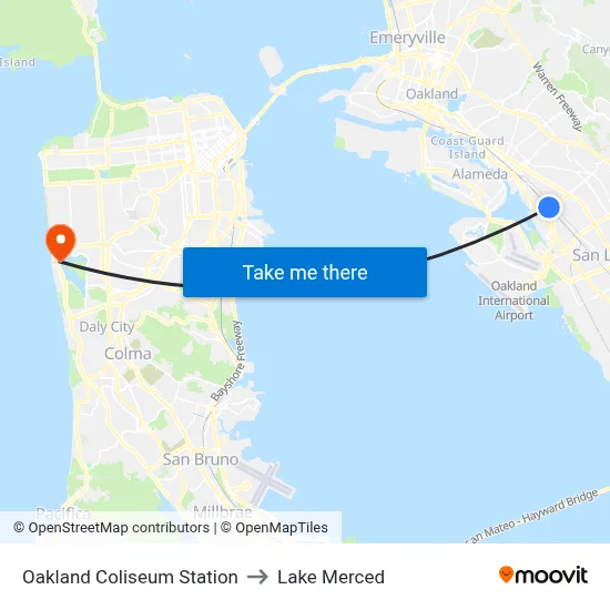 Oakland Coliseum Station to Lake Merced map