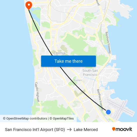 San Francisco Int'l Airport (SFO) to Lake Merced map