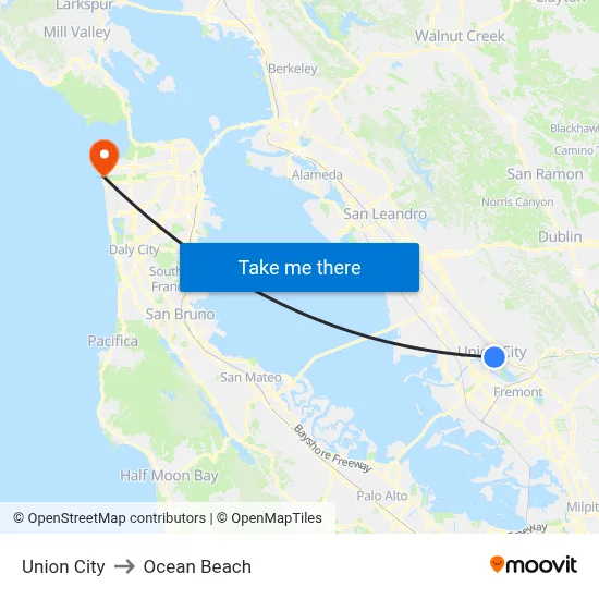 Union City to Ocean Beach map