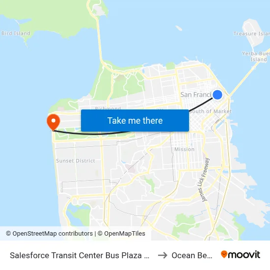 Salesforce Transit Center Bus Plaza Bay A to Ocean Beach map