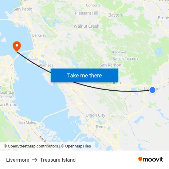 Livermore to Treasure Island map