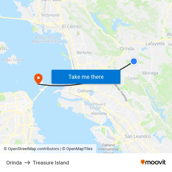 Orinda to Treasure Island map