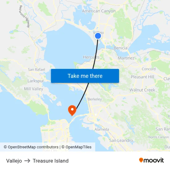 Vallejo to Treasure Island map