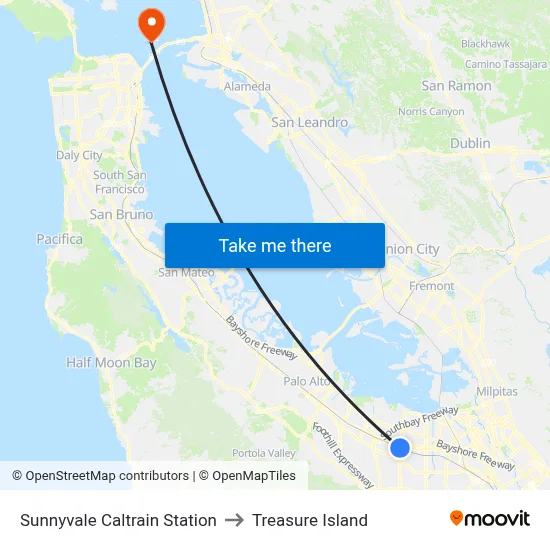 Sunnyvale Caltrain Station to Treasure Island map