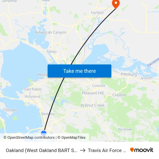 Oakland (West Oakland BART Station) to Travis Air Force Base map