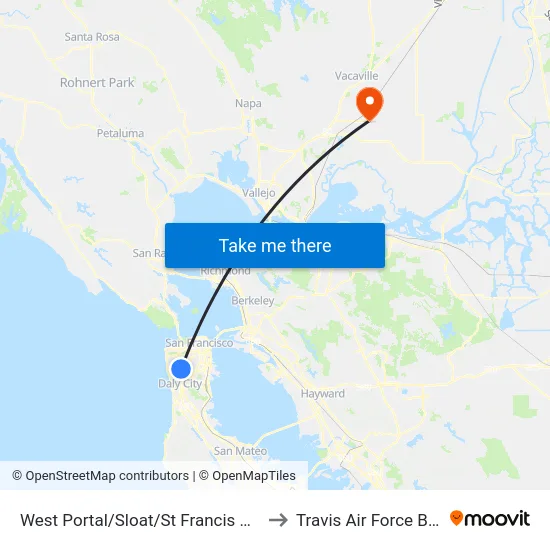 West Portal/Sloat/St Francis Circle to Travis Air Force Base map