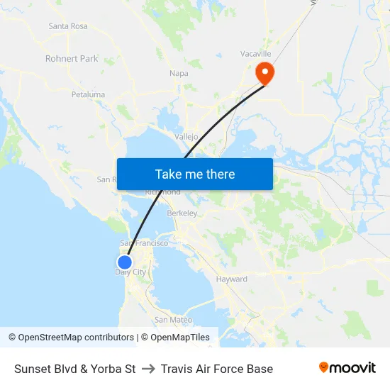 Sunset Blvd & Yorba St to Travis Air Force Base map