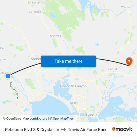 Petaluma Blvd S & Crystal Ln to Travis Air Force Base map