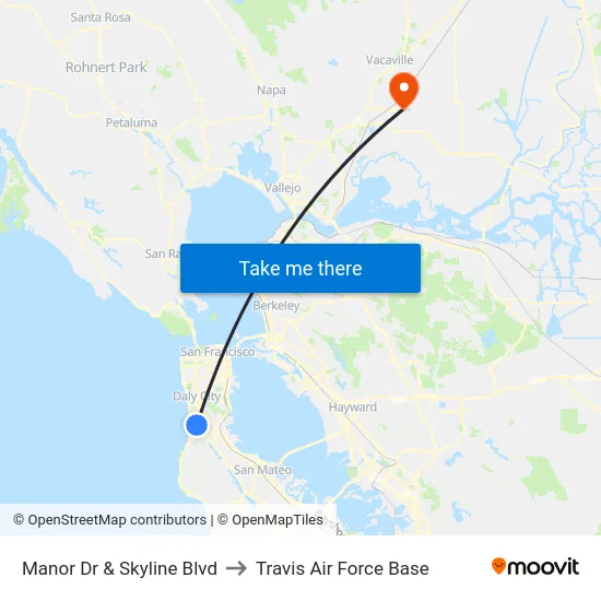 Manor Dr & Skyline Blvd to Travis Air Force Base map