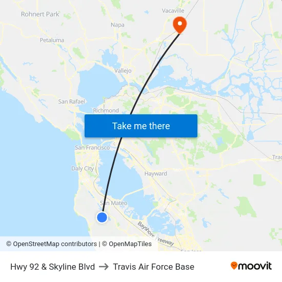 Hwy 92  & Skyline Blvd to Travis Air Force Base map