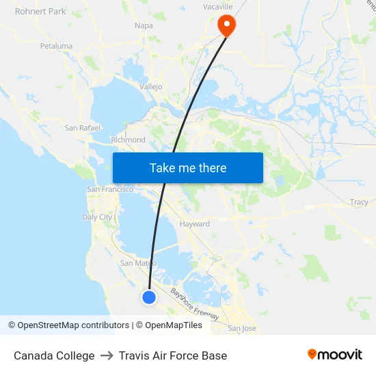 Canada College to Travis Air Force Base map