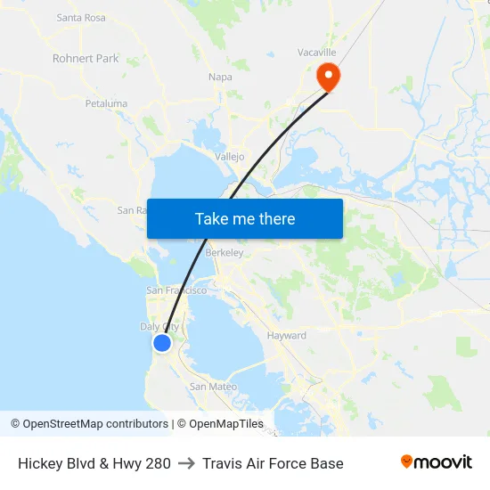 Hickey Blvd & Hwy 280 to Travis Air Force Base map