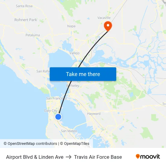 Airport Blvd & Linden Ave to Travis Air Force Base map