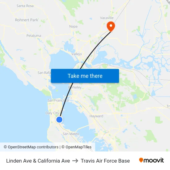Linden Ave & California Ave to Travis Air Force Base map