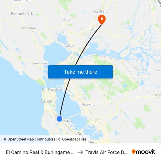 El Camino Real & Burlingame Ave to Travis Air Force Base map