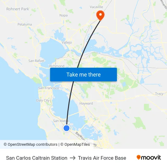 San Carlos Caltrain Station to Travis Air Force Base map