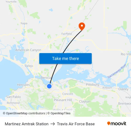Martinez Amtrak Station to Travis Air Force Base map