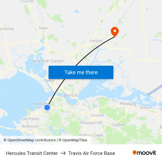 Hercules Transit Center to Travis Air Force Base map