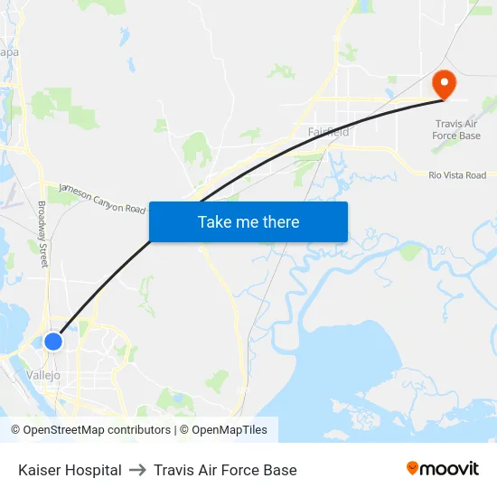 Kaiser Hospital to Travis Air Force Base map