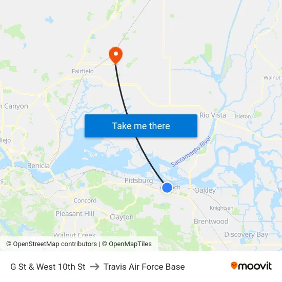 G St & West 10th St to Travis Air Force Base map