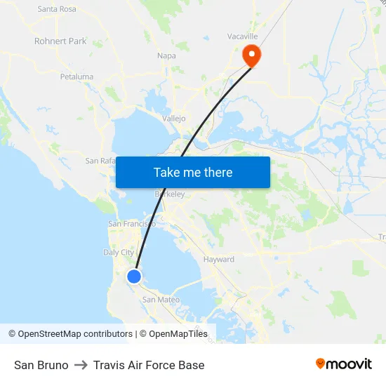 San Bruno to Travis Air Force Base map