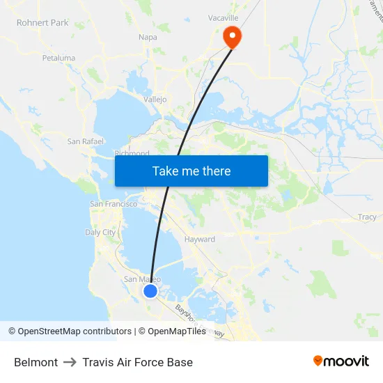 Belmont to Travis Air Force Base map