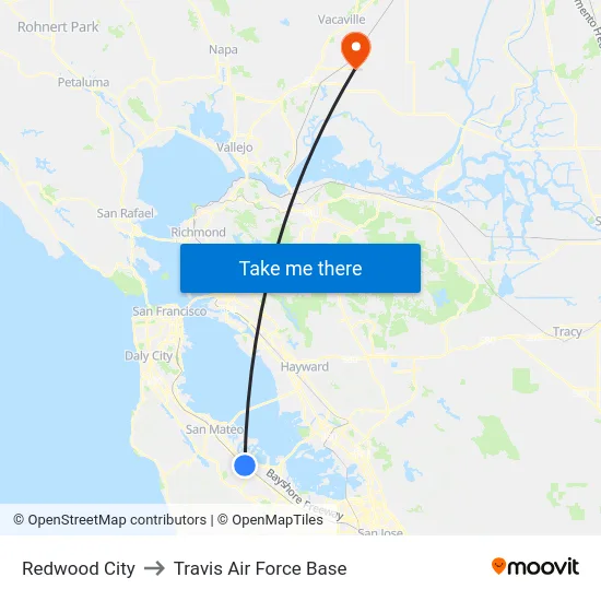 Redwood City to Travis Air Force Base map
