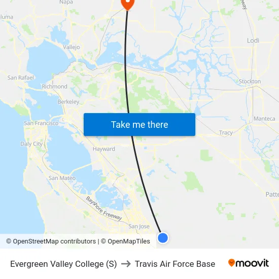 Evergreen Valley College (S) to Travis Air Force Base map