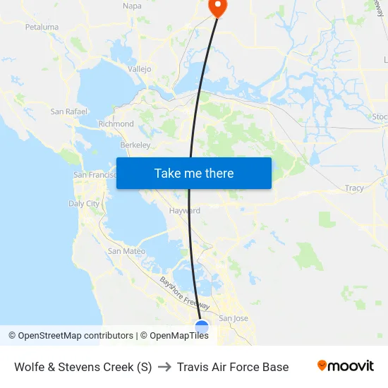 Wolfe & Stevens Creek (S) to Travis Air Force Base map