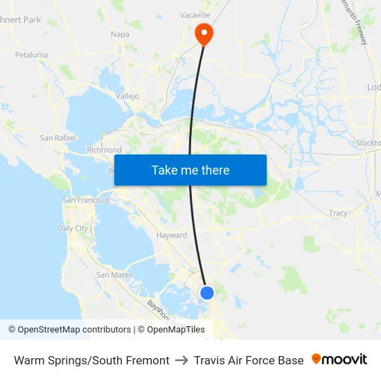 Warm Springs/South Fremont to Travis Air Force Base map