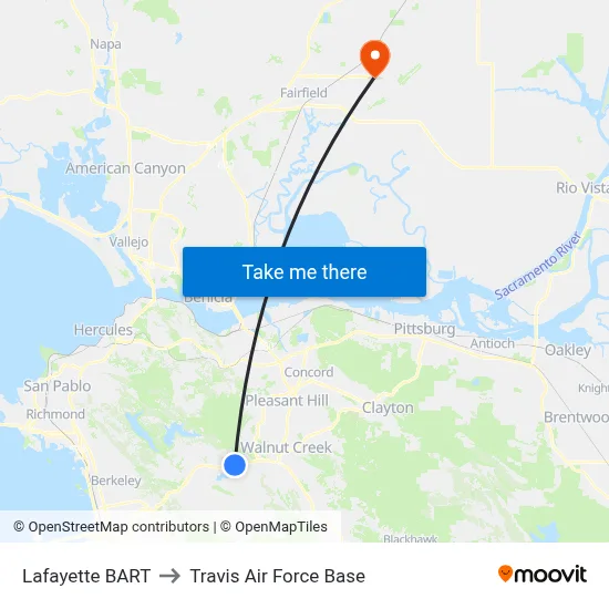 Lafayette BART to Travis Air Force Base map