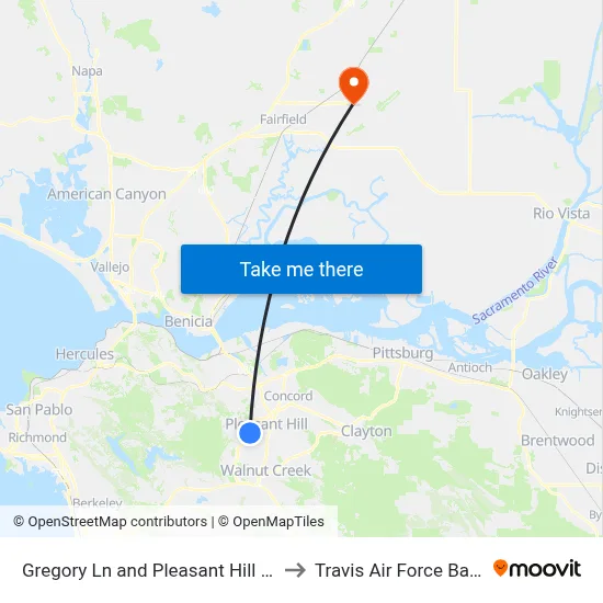 Gregory Ln and Pleasant Hill Rd to Travis Air Force Base map
