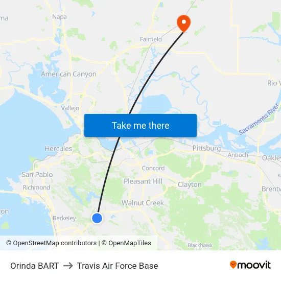 Orinda BART to Travis Air Force Base map