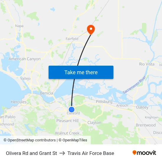 Olivera Rd and Grant St to Travis Air Force Base map