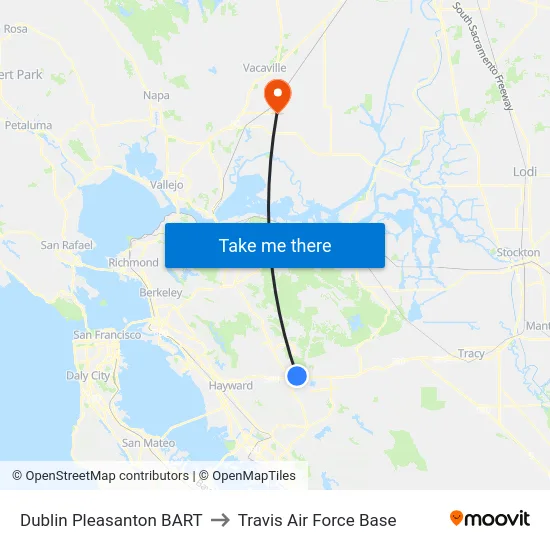 Dublin Pleasanton BART to Travis Air Force Base map