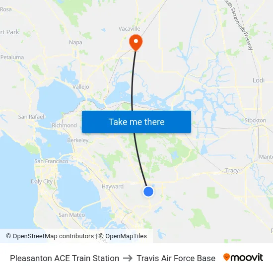 Pleasanton ACE Train Station to Travis Air Force Base map