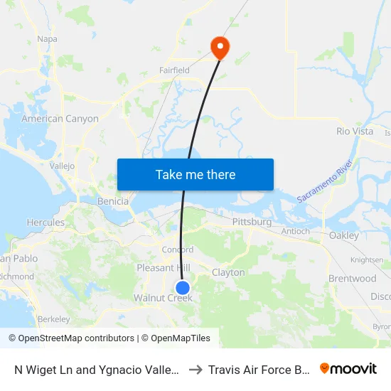 N Wiget Ln and Ygnacio Valley Rd to Travis Air Force Base map