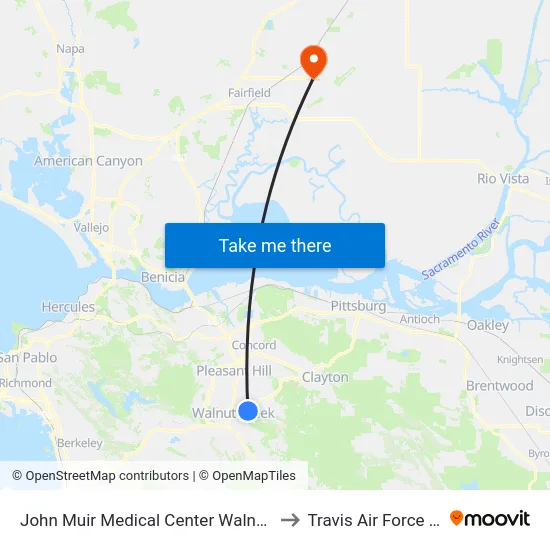 John Muir Medical Center Walnut Creek to Travis Air Force Base map