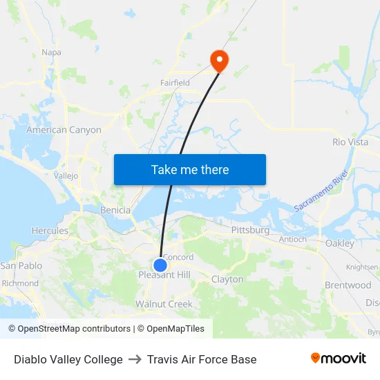 Diablo Valley College to Travis Air Force Base map